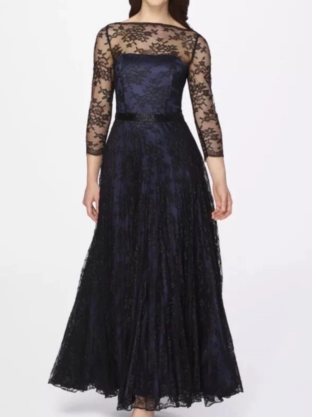 Tahari Elegant Navy Lace Evening Gown with Sheer Sleeves